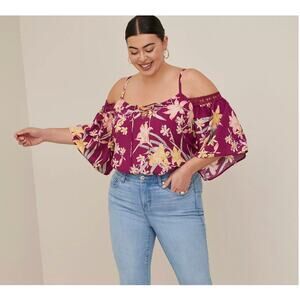 Torrid Challis Crochet Trim Cold Lace-Up Shoulder Floral 3X